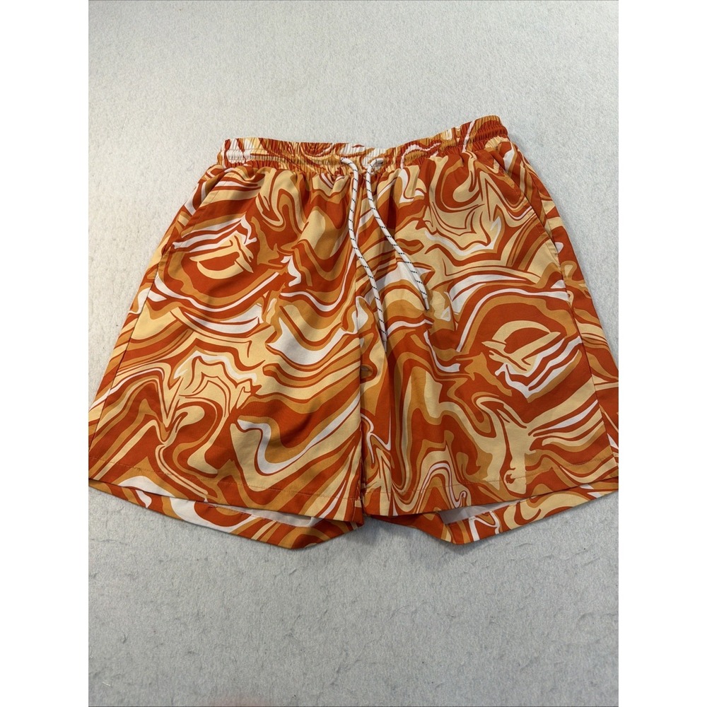 Men Orange White Swirl Shorts  Trunks Size S Regular Solid Elastic Waist Pull-On